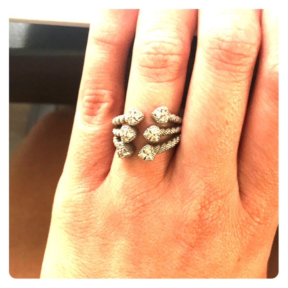 Judith Ripka SS CZ Hearts Cable Cuff Band Ring